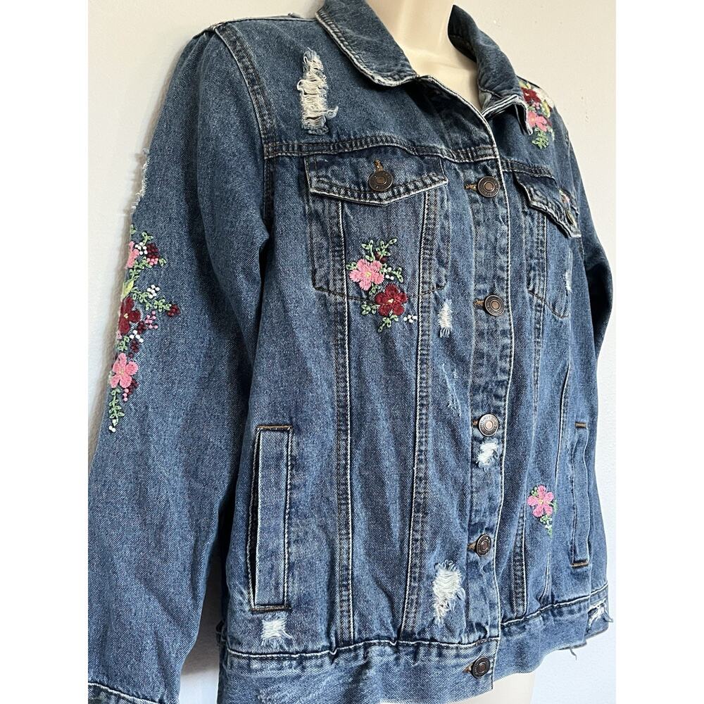 Wax Jean Floral Embroidered Distressed Denim Jacket Cowgirl Western Prairie Sz S - Picture 2 of 12
